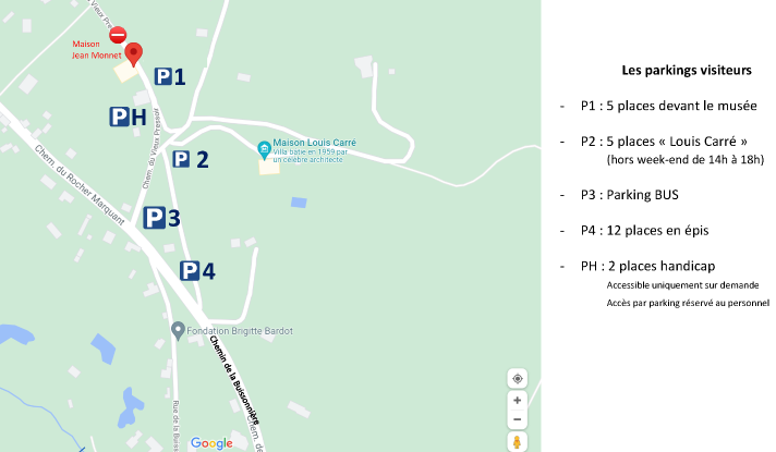 Indication parking Maison Jean Monnet. Les parkings visiteurs - P1 : 5 places devant le musée - P2 : 5 places « Louis Carré » (hors week end de 14h à 18h) - P3 : Parking BUS - P4 : 12 places en épis - PH : 2 places handicap Accessible uniquement sur demande 