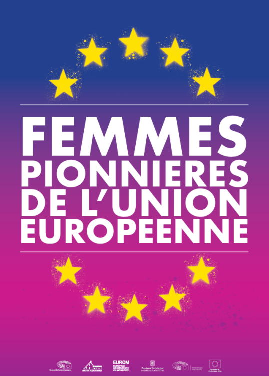 Affiche avec les étoiles du drapeau de l'UE et le titre 'Femmes pionnières de l'Union européenne'.