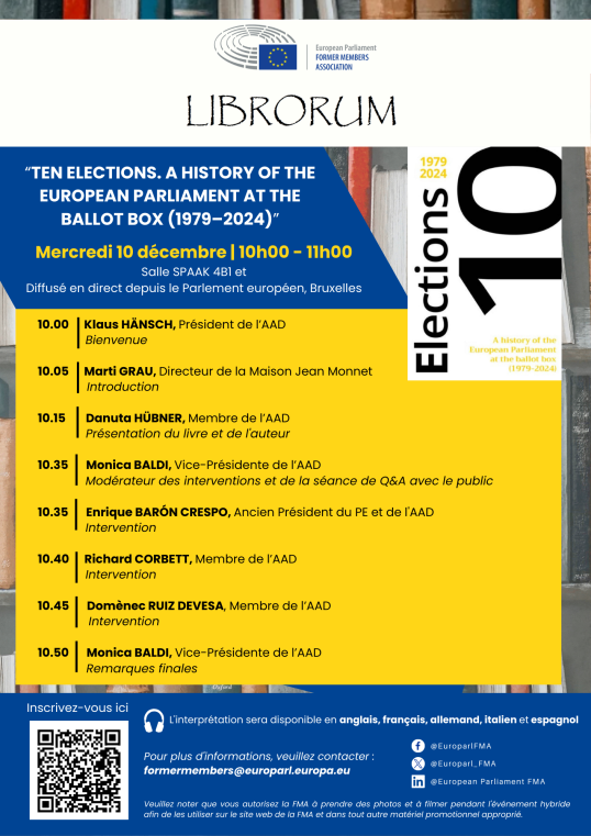 L’AAD a le plaisir de vous inviter à son prochain événement Librorum, qui sera consacré à la présentation du livre « Dix élections. A History of the European Parliament at the Ballot Box (1979–2024) ».