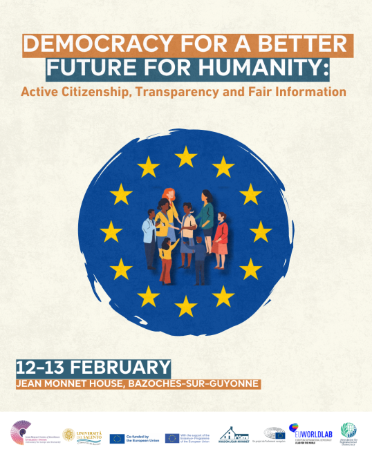 Event titled "Democracy for a better future of humanity: active citizenship, transparency, and fair information" taking place at the Jean Monnet House