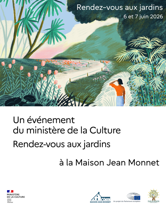 Affiche rendez-vous aux jardins à la Maison Jean Monnet le samedi 6 et dimanche 7 juin autour du thème "la vue"